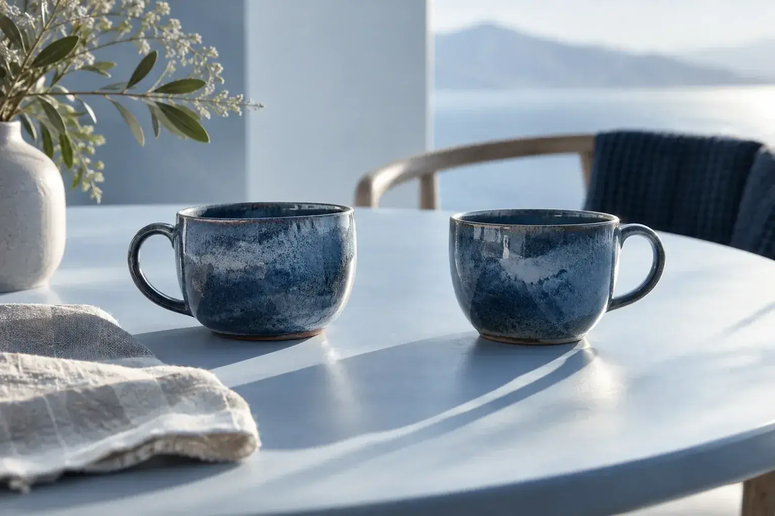 Two blue ceramic cups in conversation