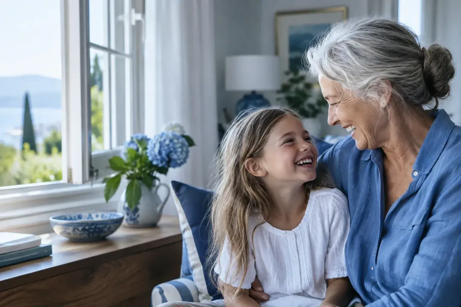 A grandmother and granddaughter sharing a joyful moment