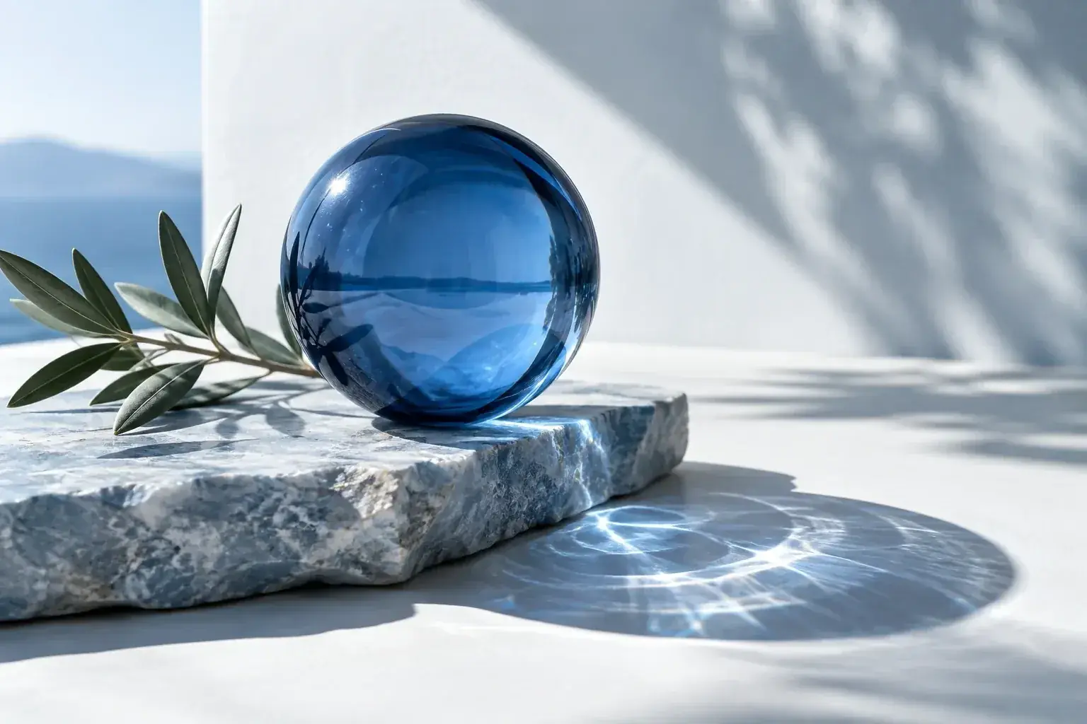 Blue glass and a living olive twig