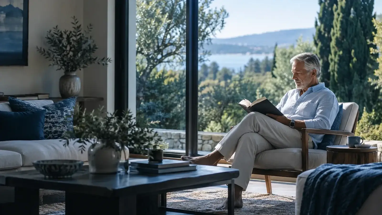A man reading peacefully by a window