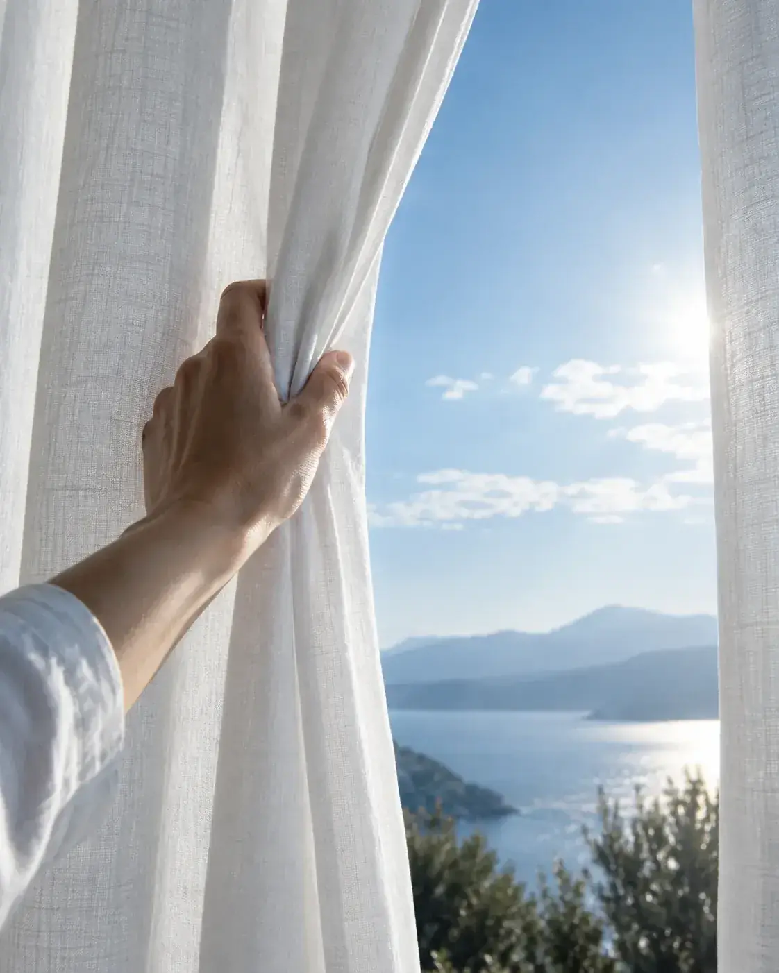 Opening the curtains to morning light